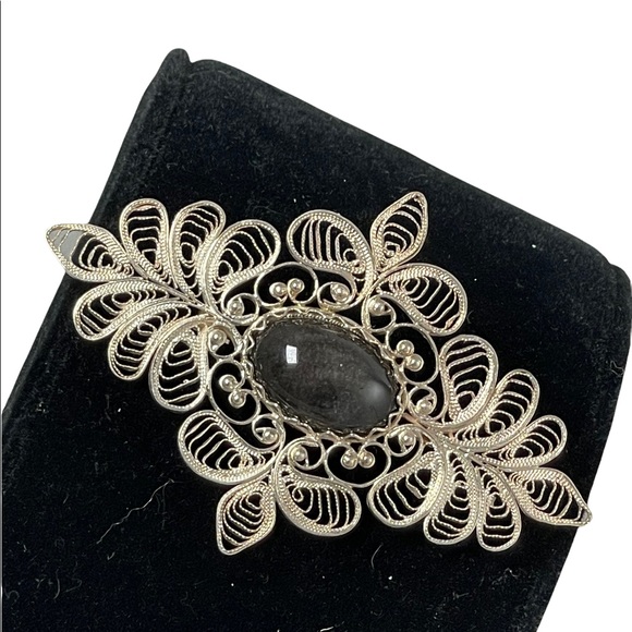 Vintage Large silver filagree black stone fancy bar brooch - Picture 5 of 6